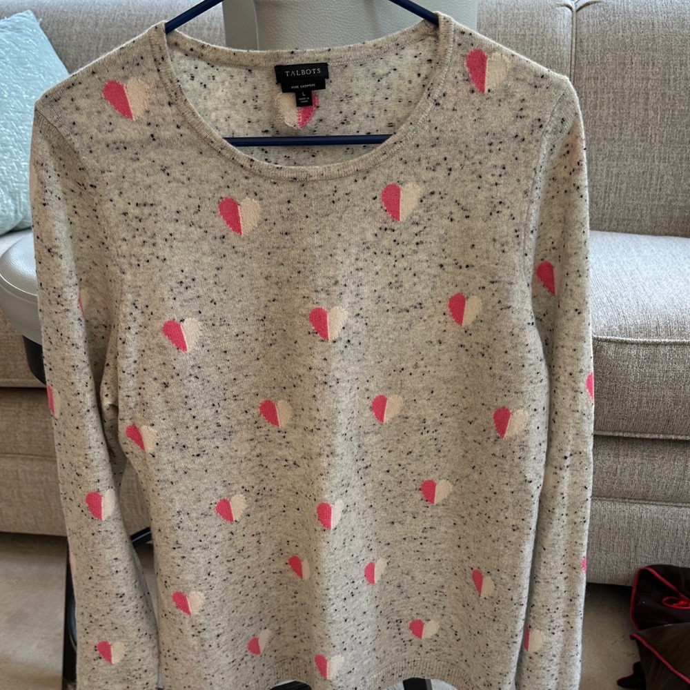LIKE NEW!!  CASHMERE! Talbots CASHMERE Speckled Gray Sweater- Pink & Red Details